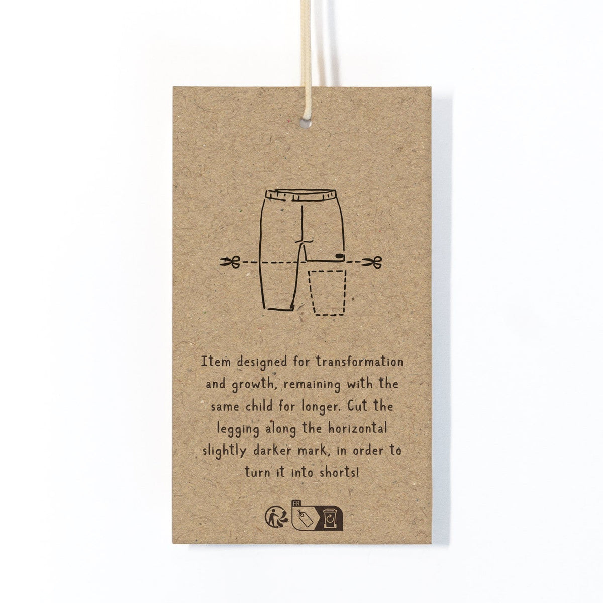 Kraft paper tag with a diagram of pants and text on a white background
