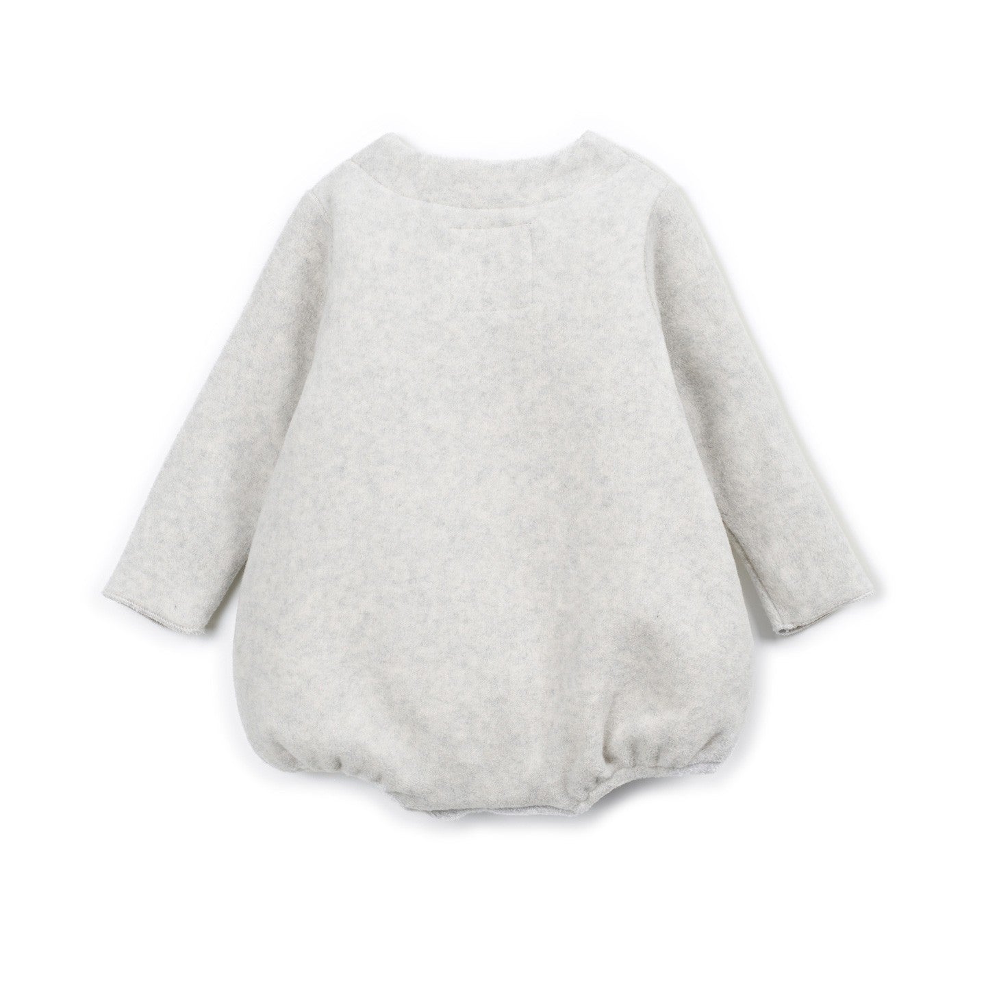 A light gray heathered long-sleeve baby romper with an asymmetrical wrap front and a small bow detail, displayed flat against a white background.