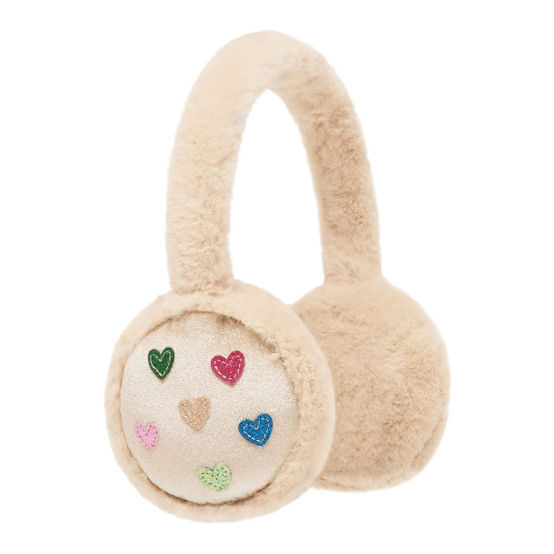 Beige ear muffs with colorful heart designs on a white background