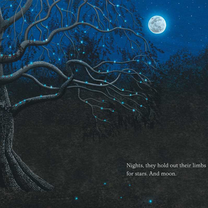 Tree with stars on branches against a night sky with moon