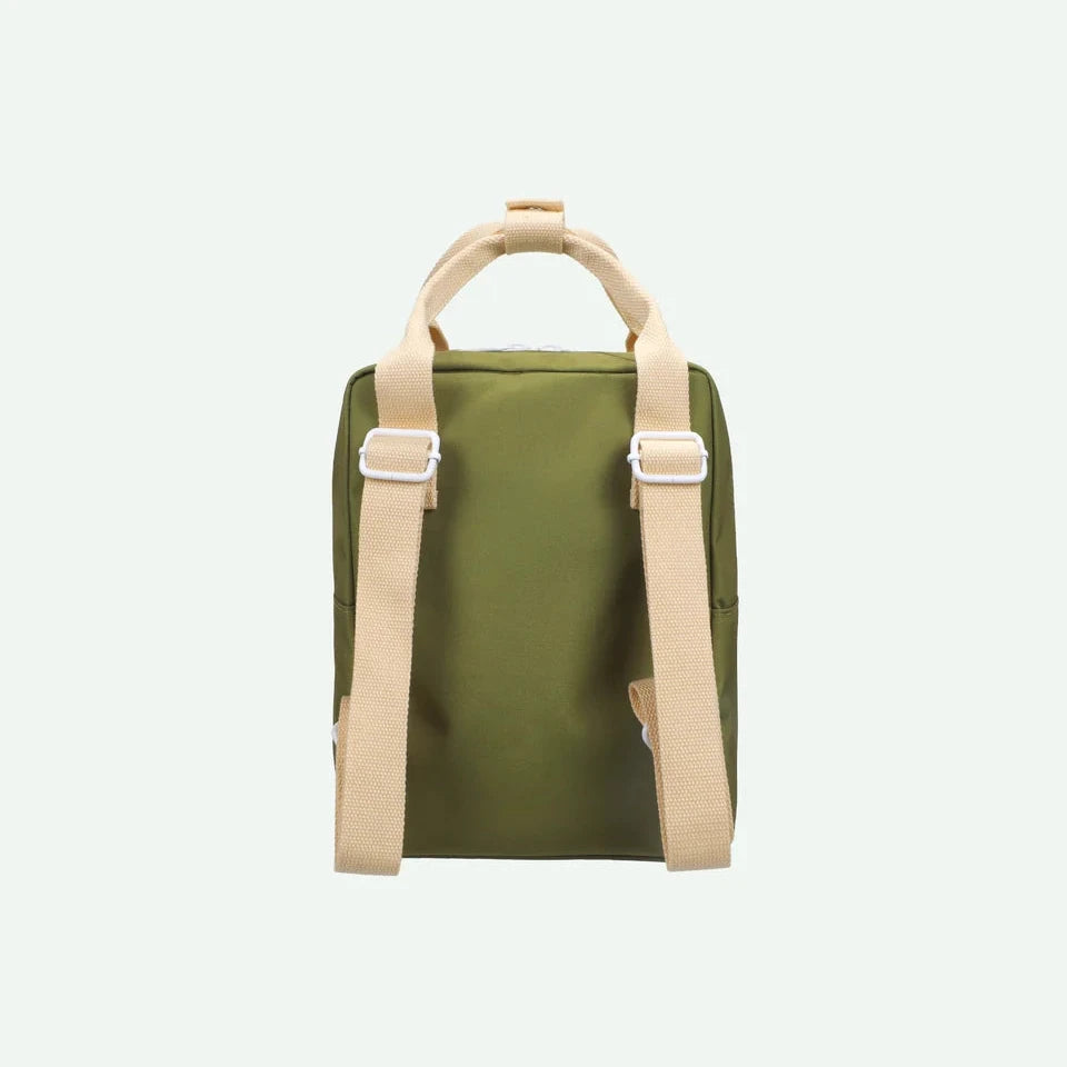An olive green backpack with beige top handles and adjustable shoulder straps, shown from the back against a light off-white background.