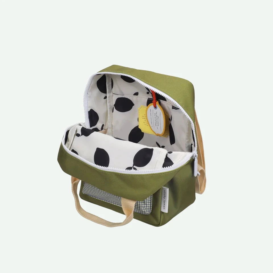 Green backpack with polka dot interior on a light gray background