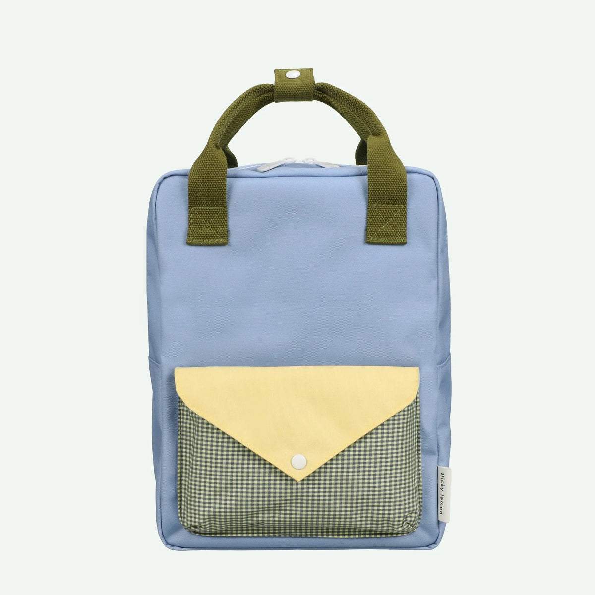Blue backpack with a yellow pocket and green handle on a white background
