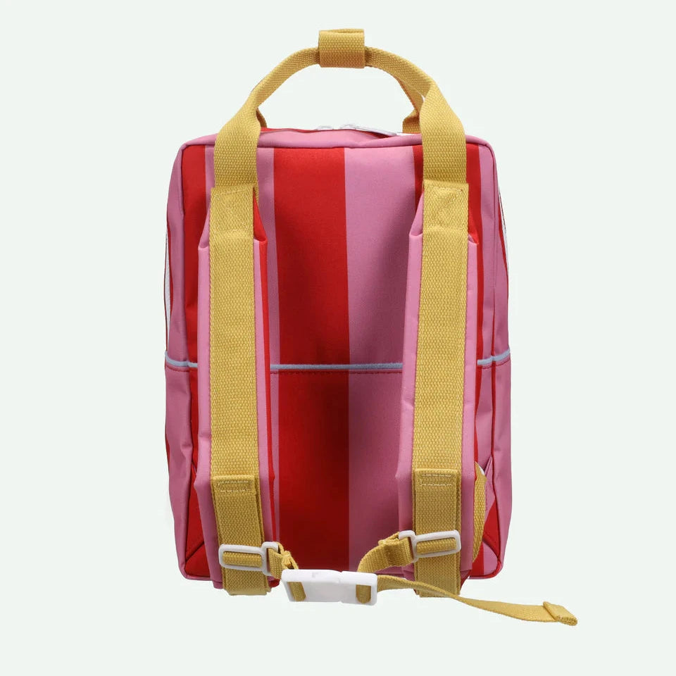 black leather backpack with pink white and burgundy stripes Backpack medium | stripes | red apple + rosebay pink