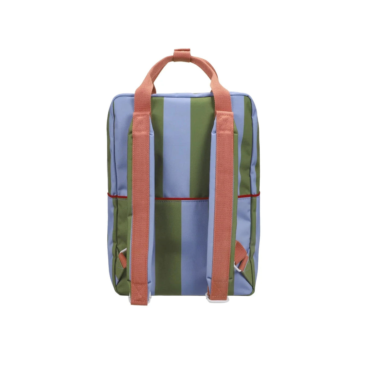 Multicolored striped backpack with brown straps on a white background