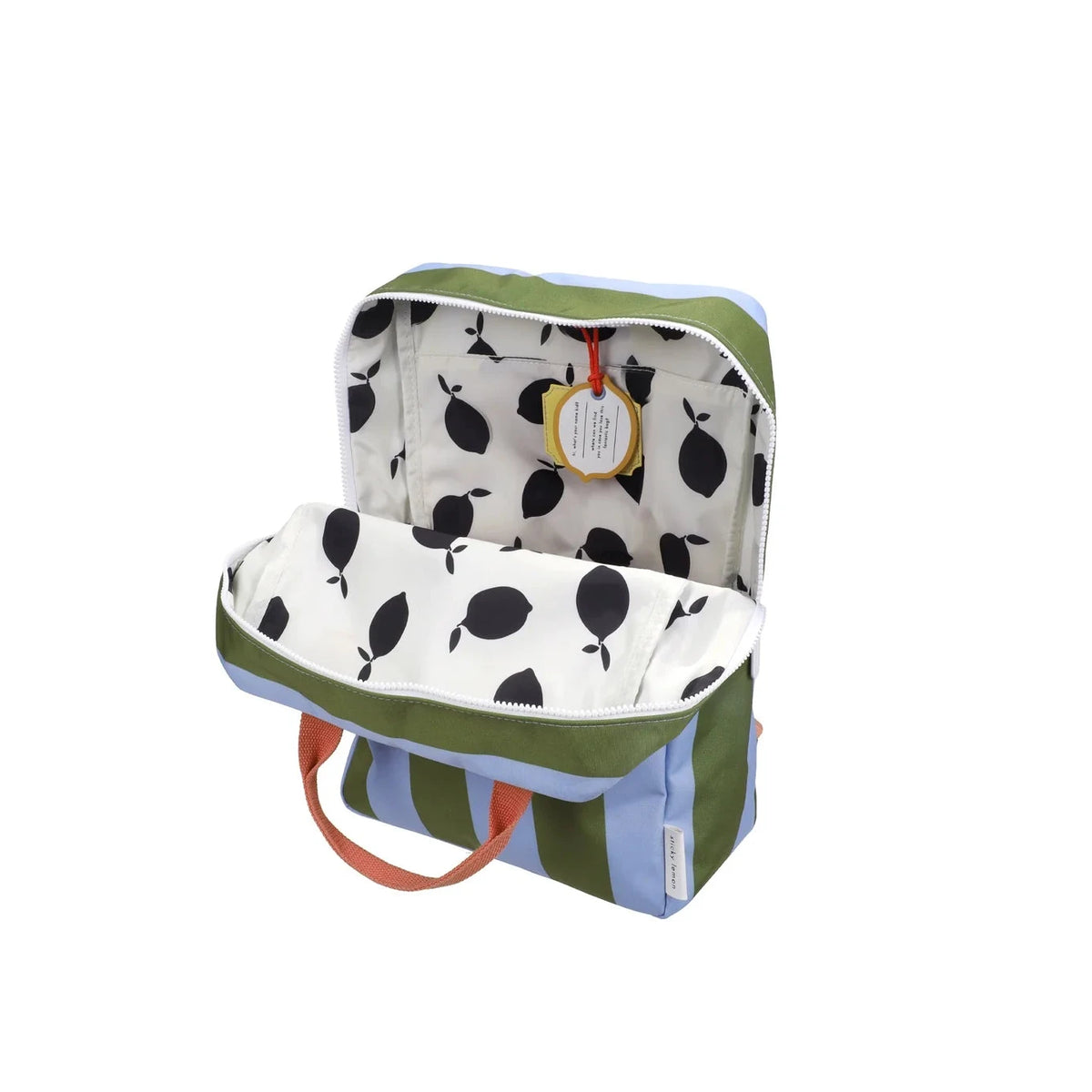 backpack with black lemon pattern on a white background