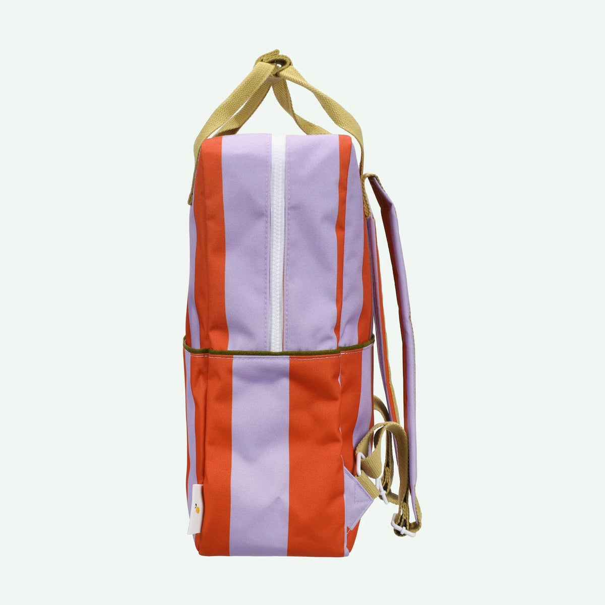 Striped backpack with red and purple vertical stripes on a light gray background