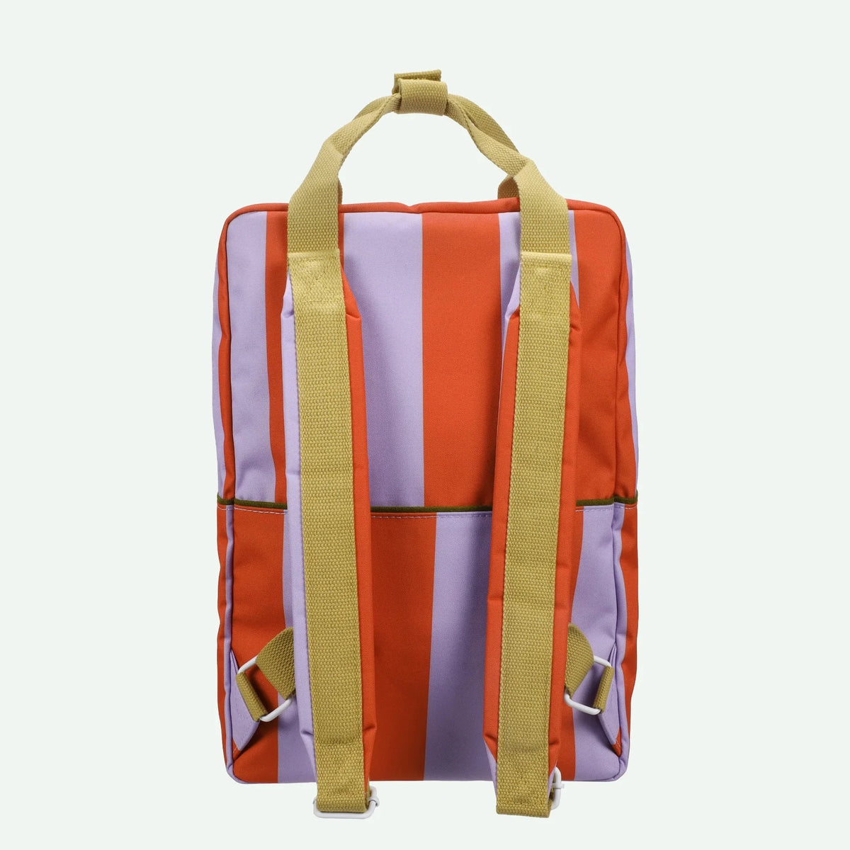 Backpack with orange, purple, and beige striped pattern on a white background