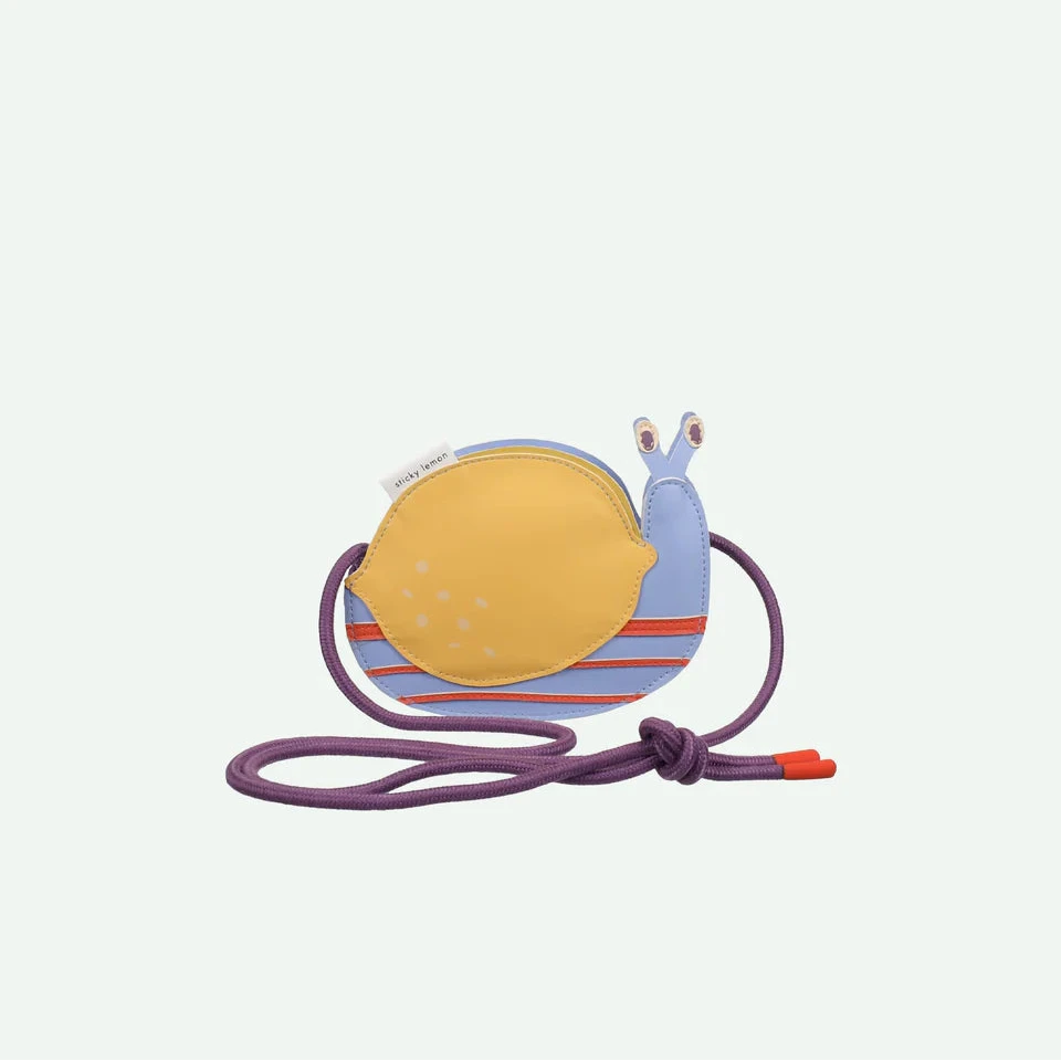 Snail-shaped pouch with striped shell on a white background