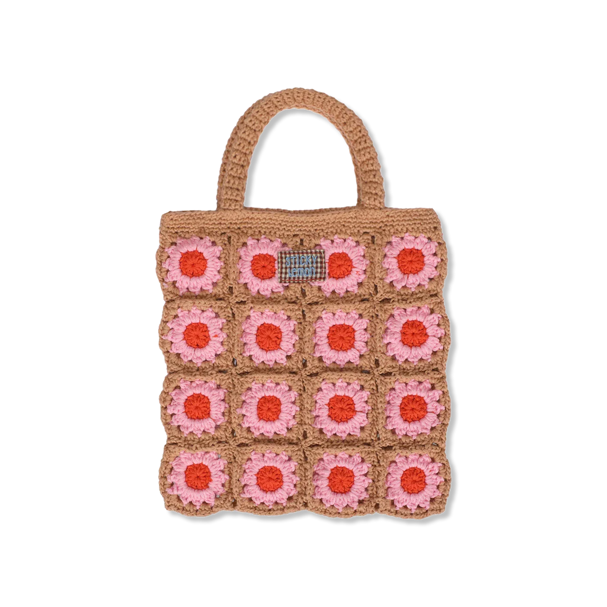 Crocheted bag with pink and orange flower pattern on a white background