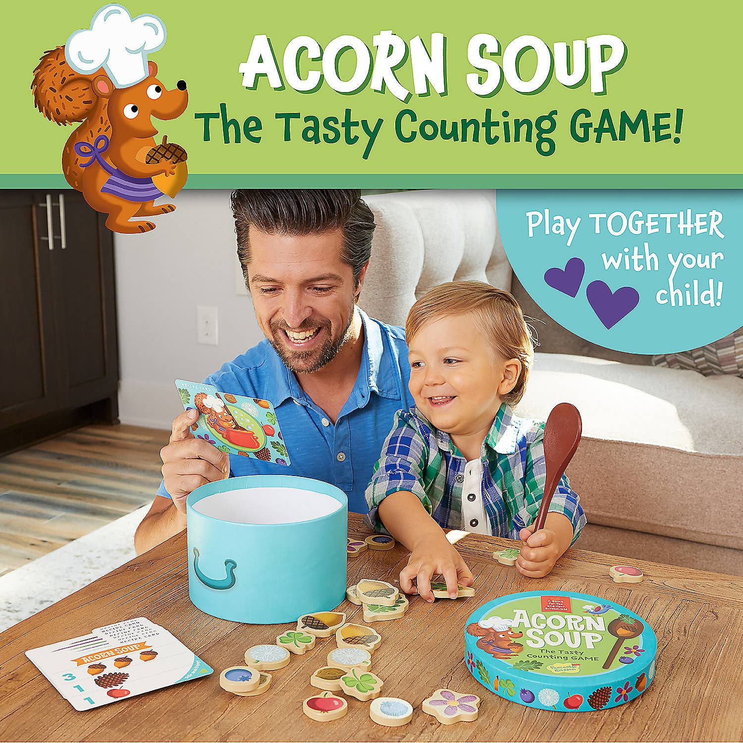 Children's game box titled 'Acorn Soup' with a bear character and wooden spoon illustration on a white background.
