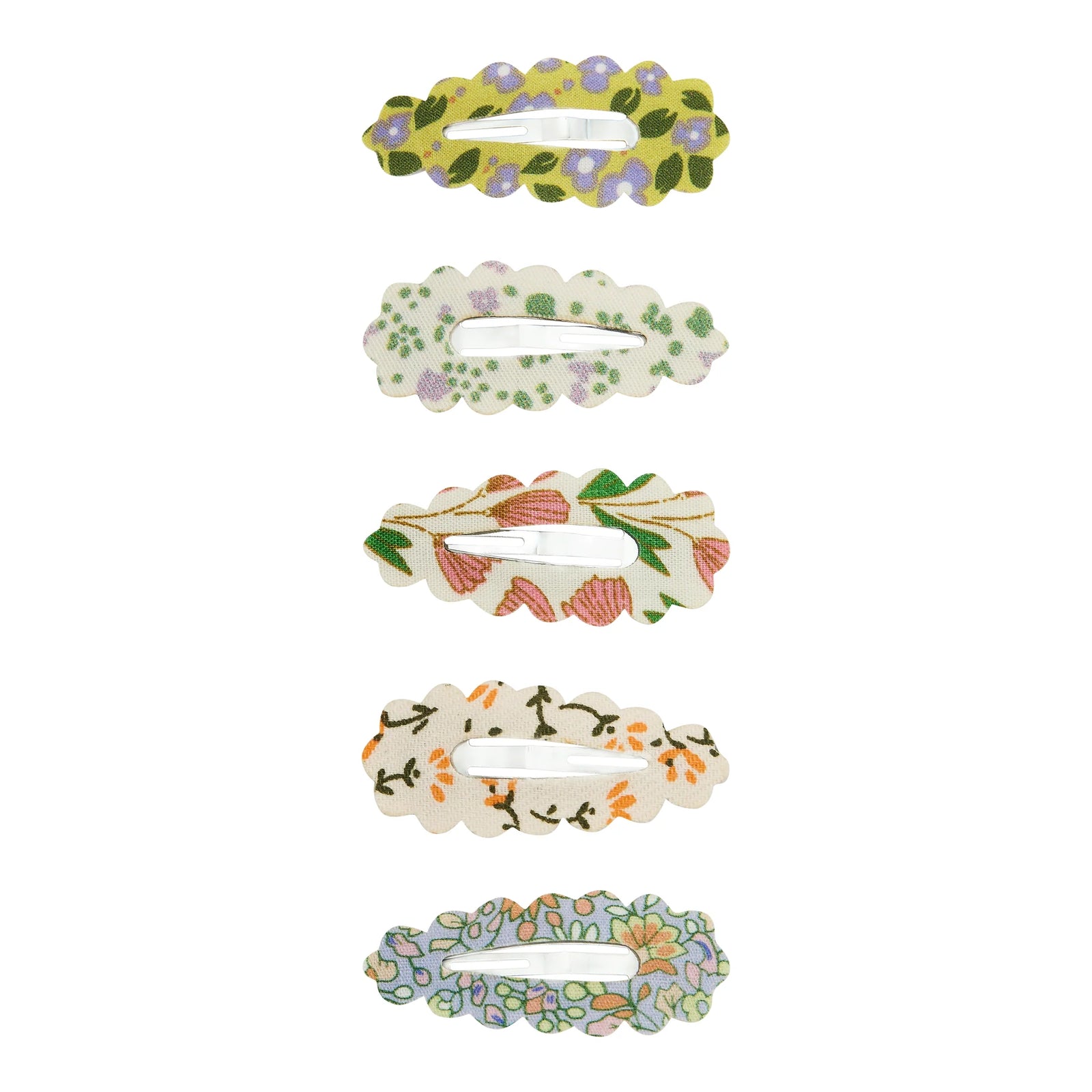 Set of five floral-patterned hair clips on a white background