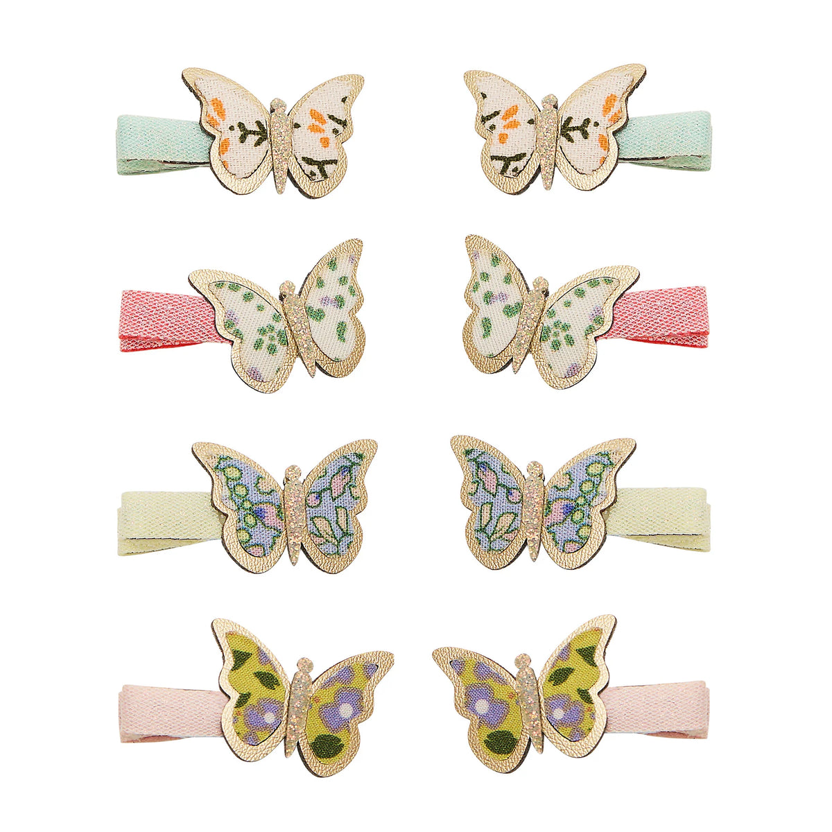 Set of butterfly-themed hair clips on colorful bands against a white background