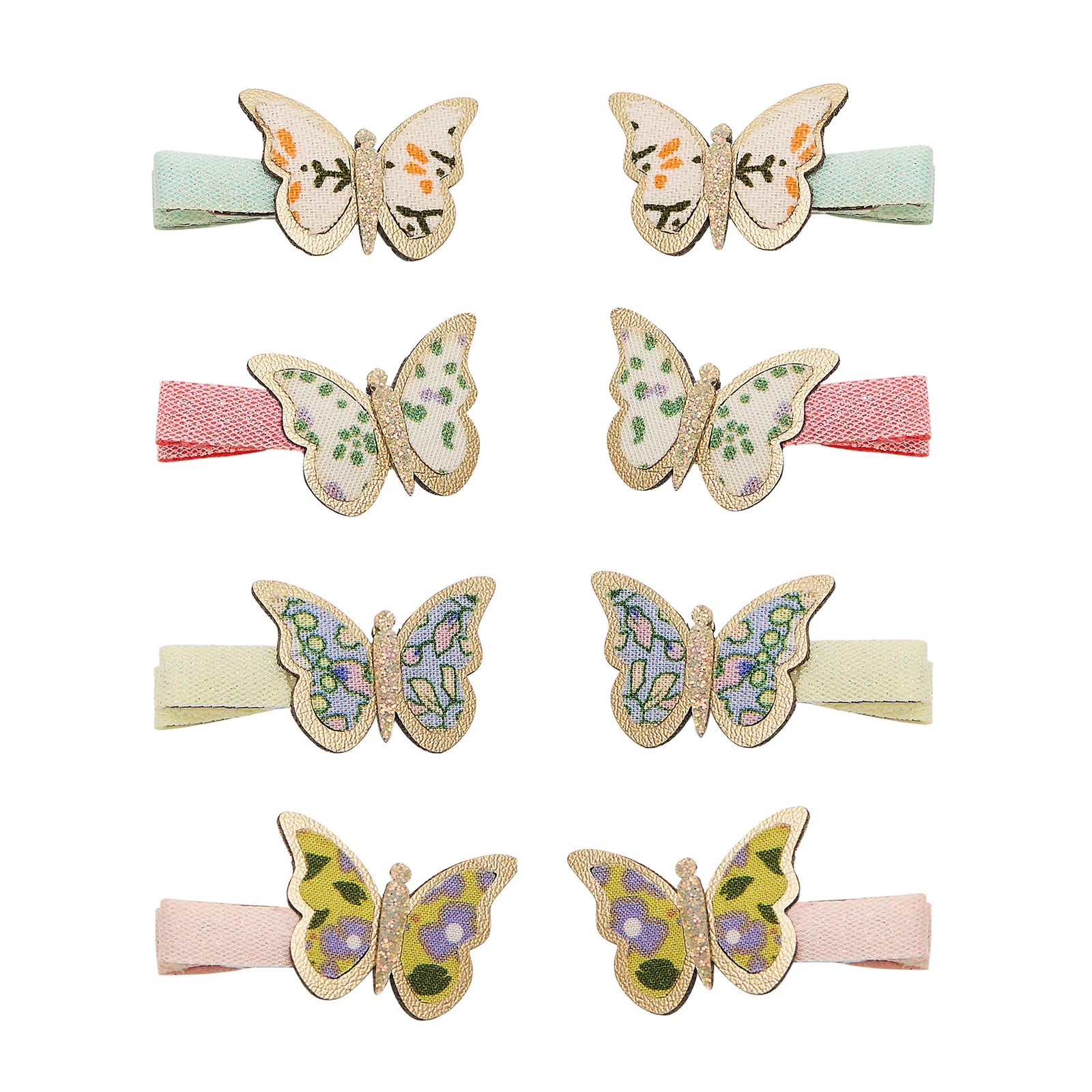 Set of butterfly-themed hair clips on colorful bands against a white background