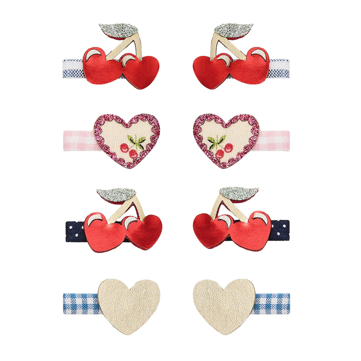 Set of heart-shaped hair accessories with colorful bands on a white background