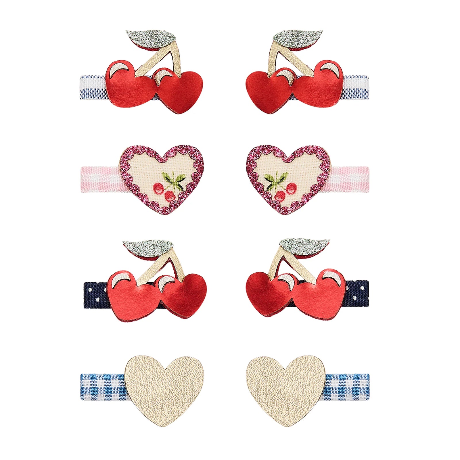 Set of heart-shaped hair accessories with colorful bands on a white background