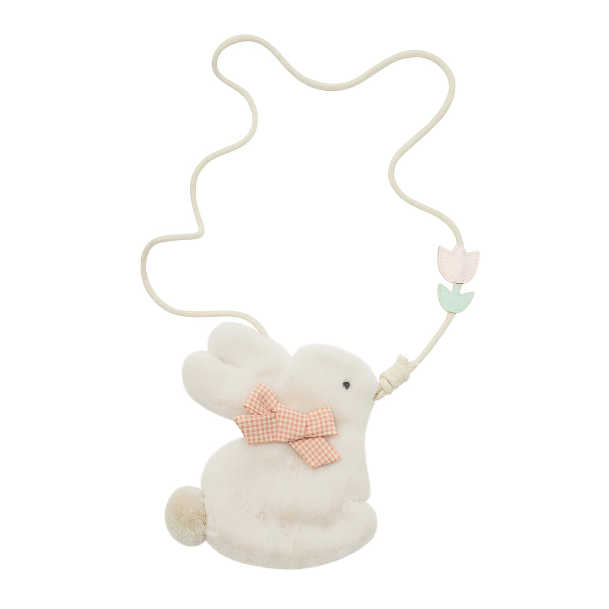 White plush bunny with a pink bow tie on a white background