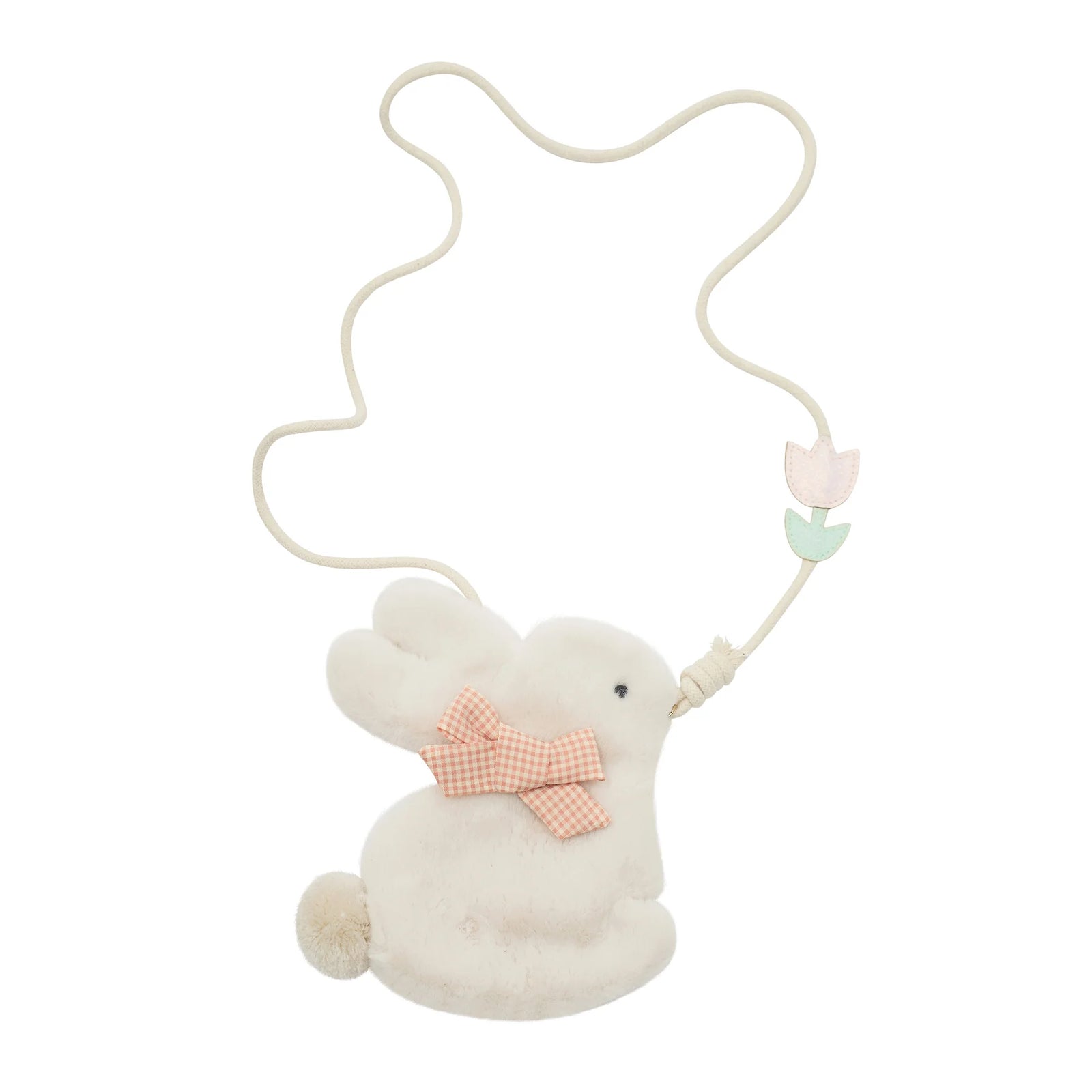 White plush bunny with a pink bow tie on a white background