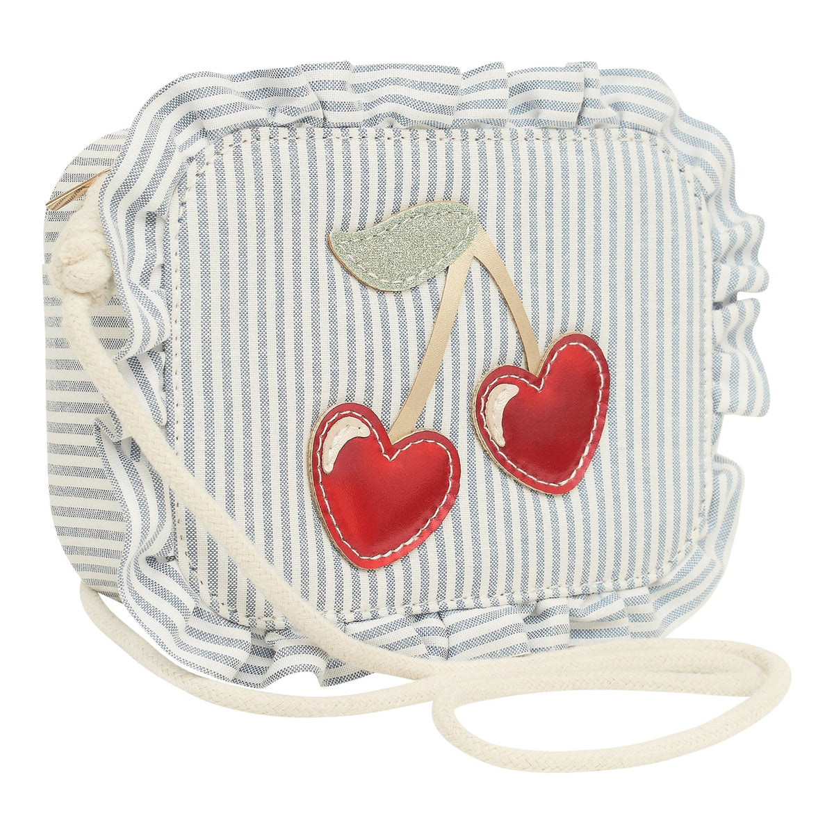 Striped bag with red heart design on a white background