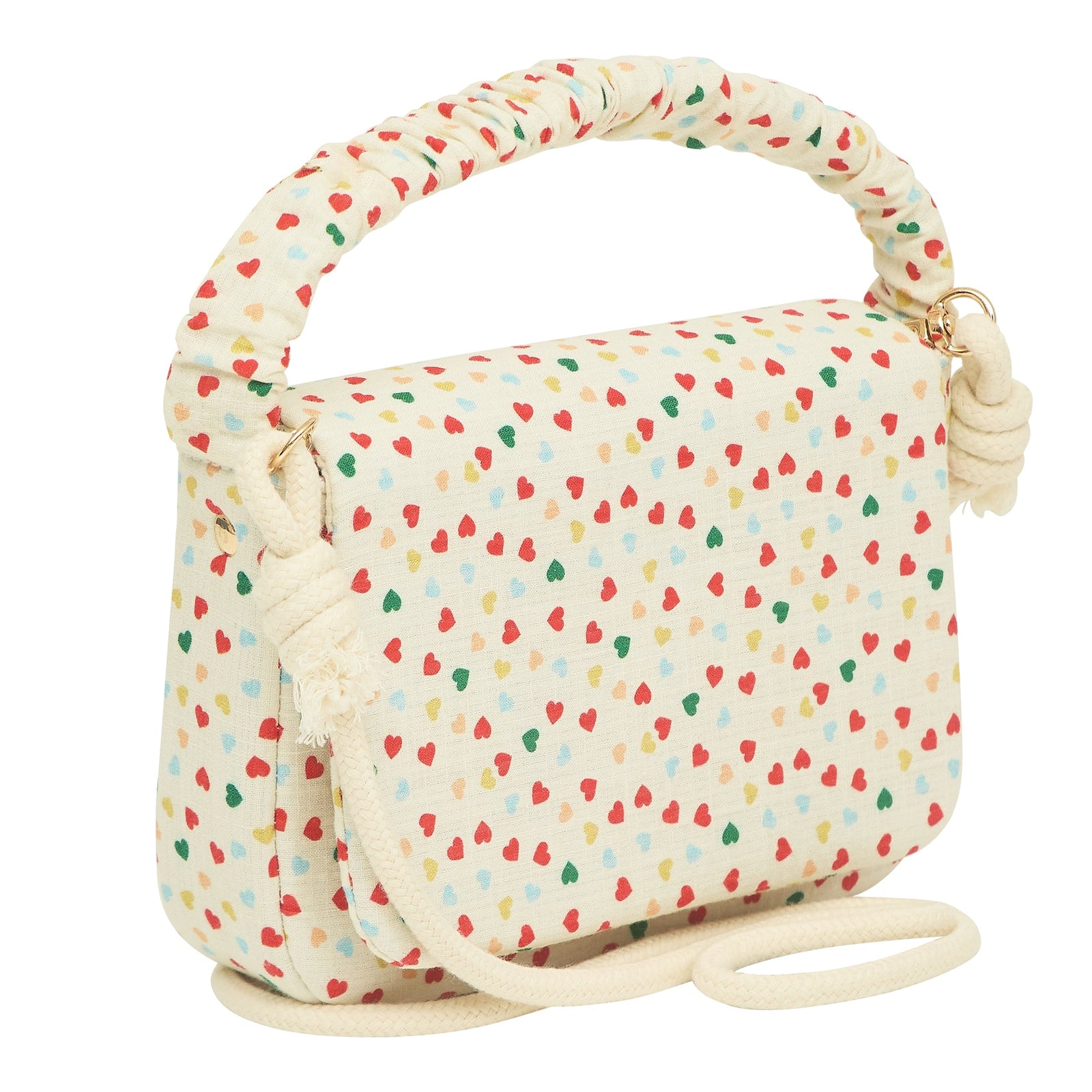 Small handbag with colorful heart pattern on a white background