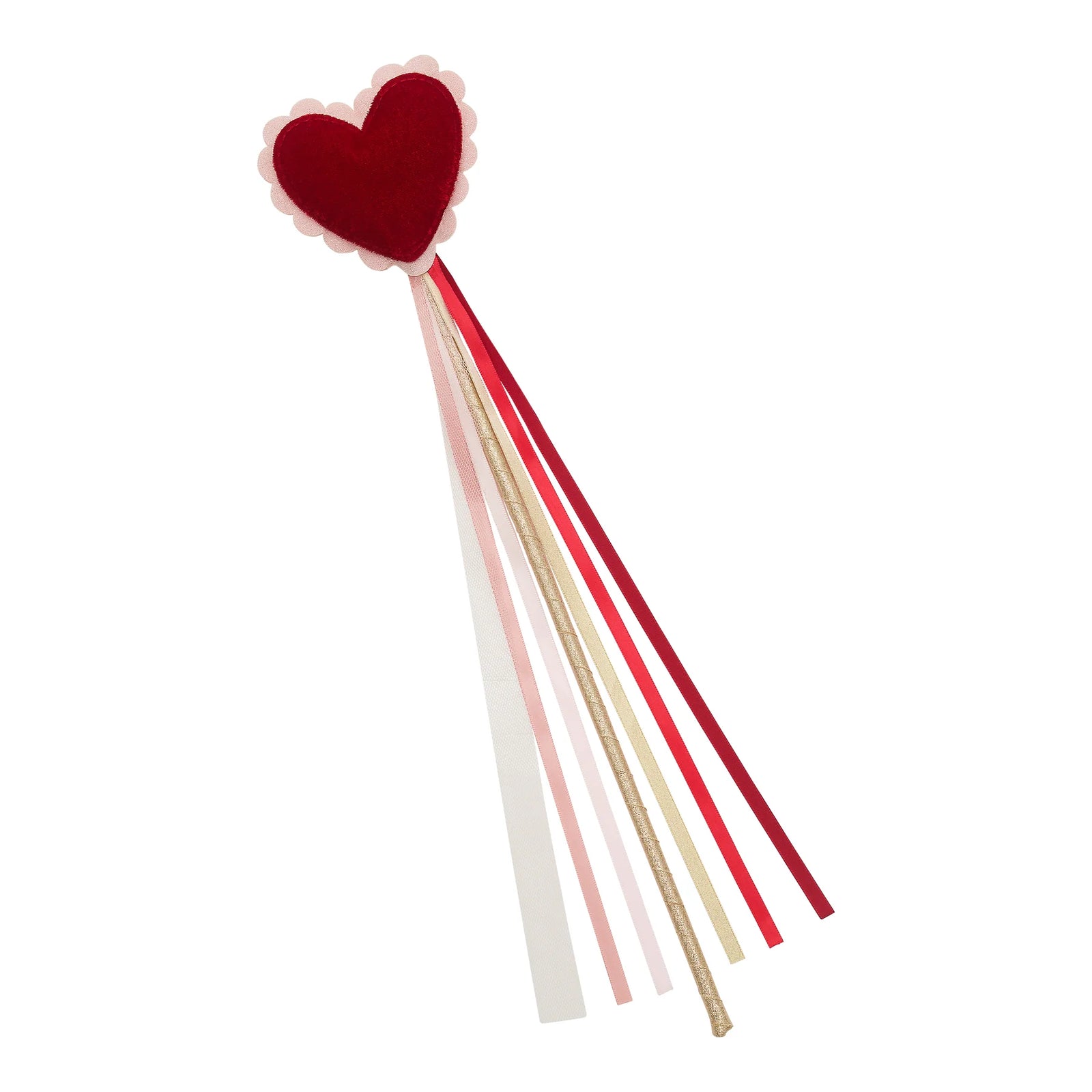 Heart-shaped wand accessory with red, gold, and white ribbons on a white background