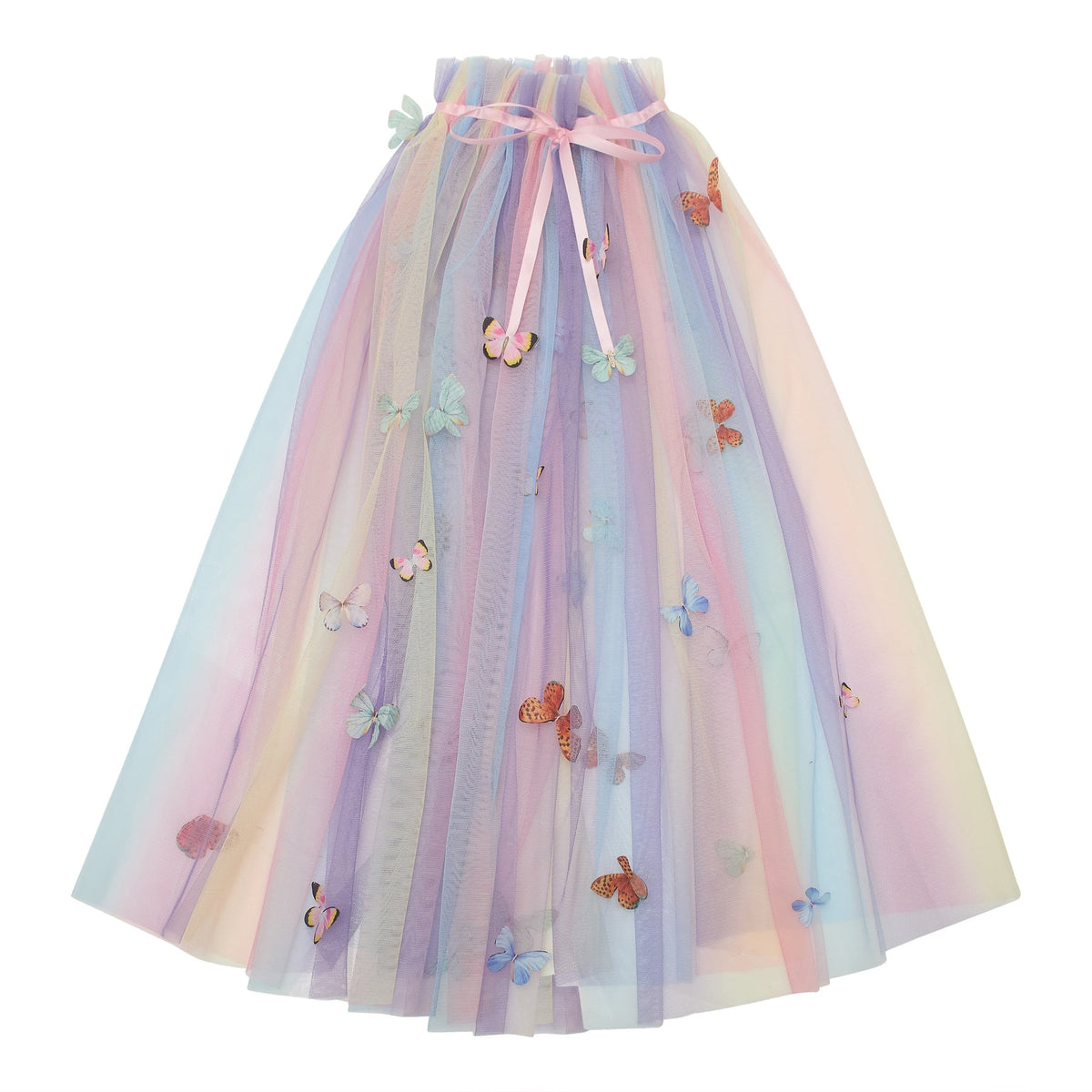 Pastel-colored tulle cape with butterfly decorations on a white background