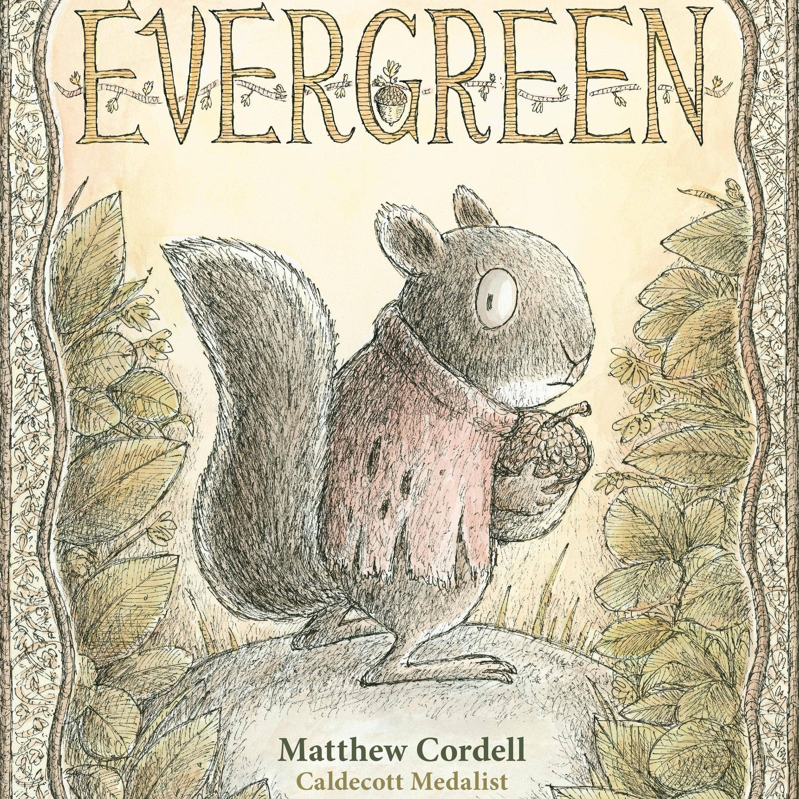 Book cover of 'Evergreen' featuring a squirrel and leaves.