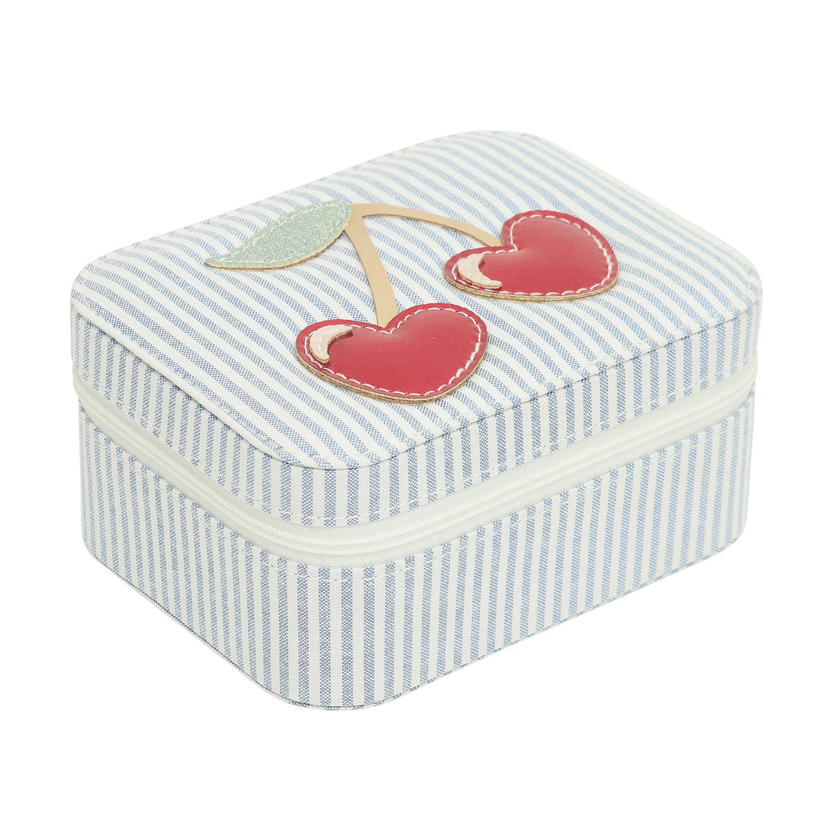 Small striped jewelry box with cherry design on a white background