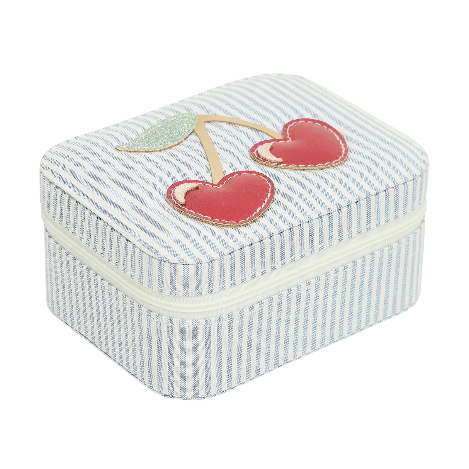 Small striped jewelry box with cherry design on a white background