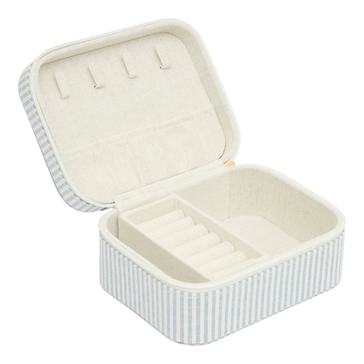 Open jewelry box with striped pattern on a white background