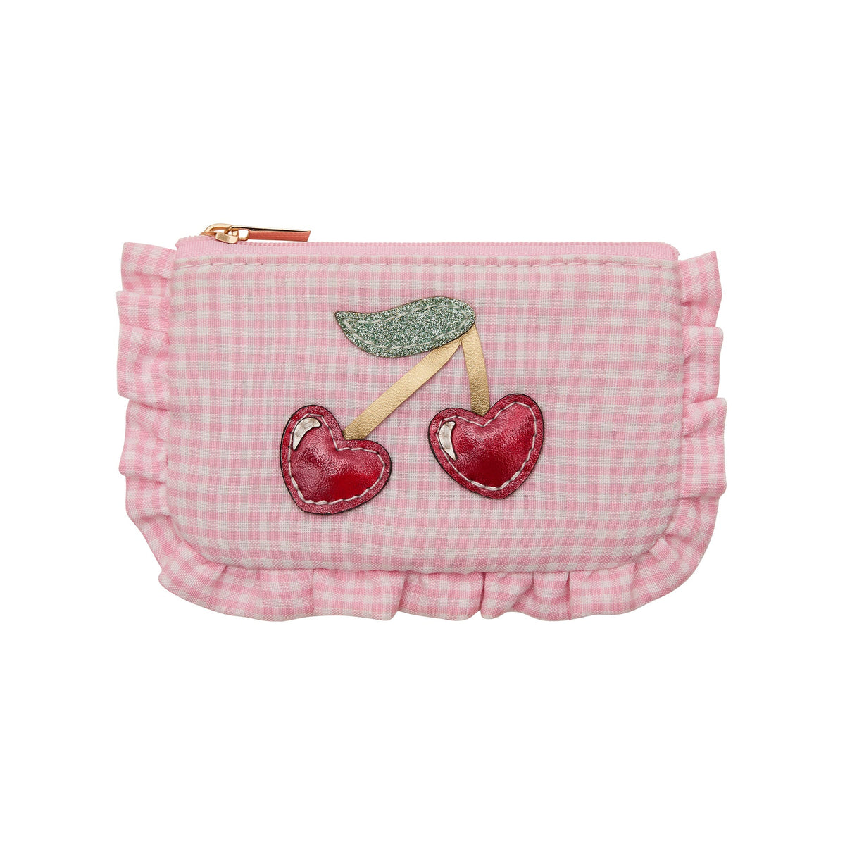 Pink checkered pouch with cherry design on a white background