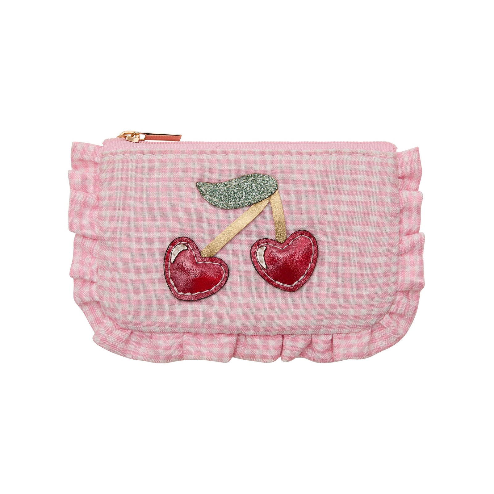 Pink checkered pouch with cherry design on a white background
