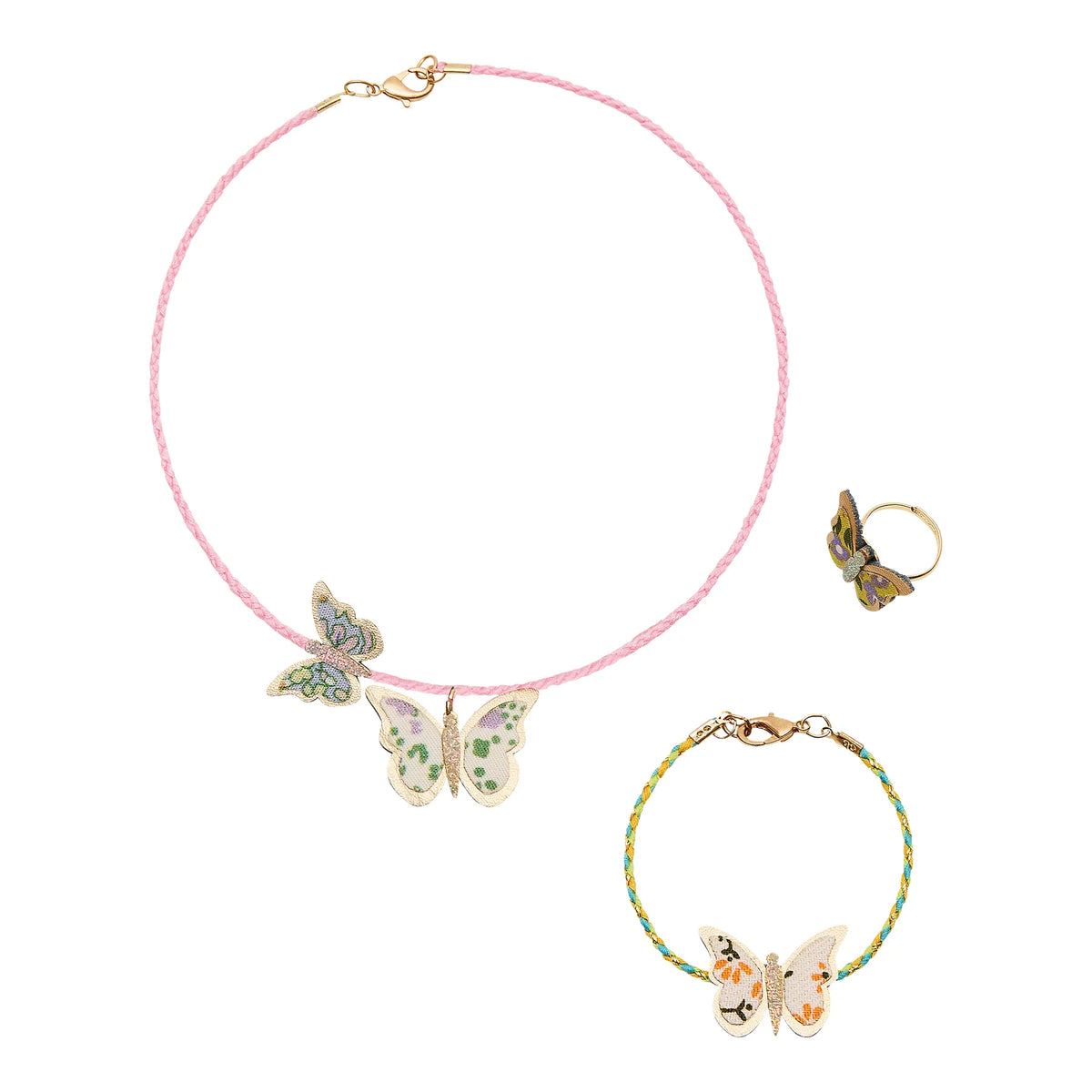 Butterfly-themed jewelry set including a necklace, bracelet, and ring on a white background