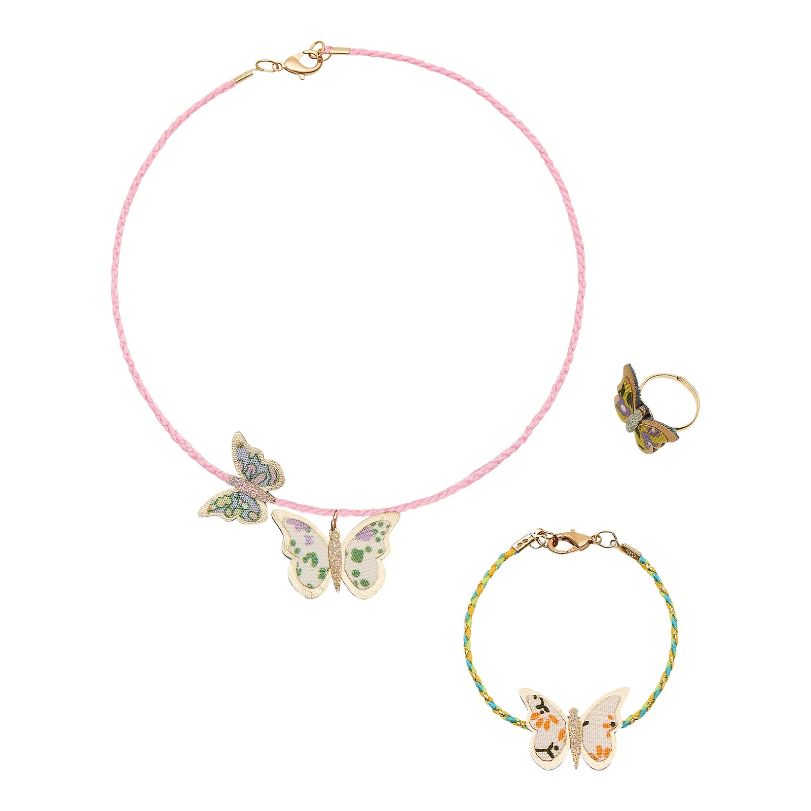 Child wearing a butterfly-themed necklace, bracelet, and ring on a plain background
