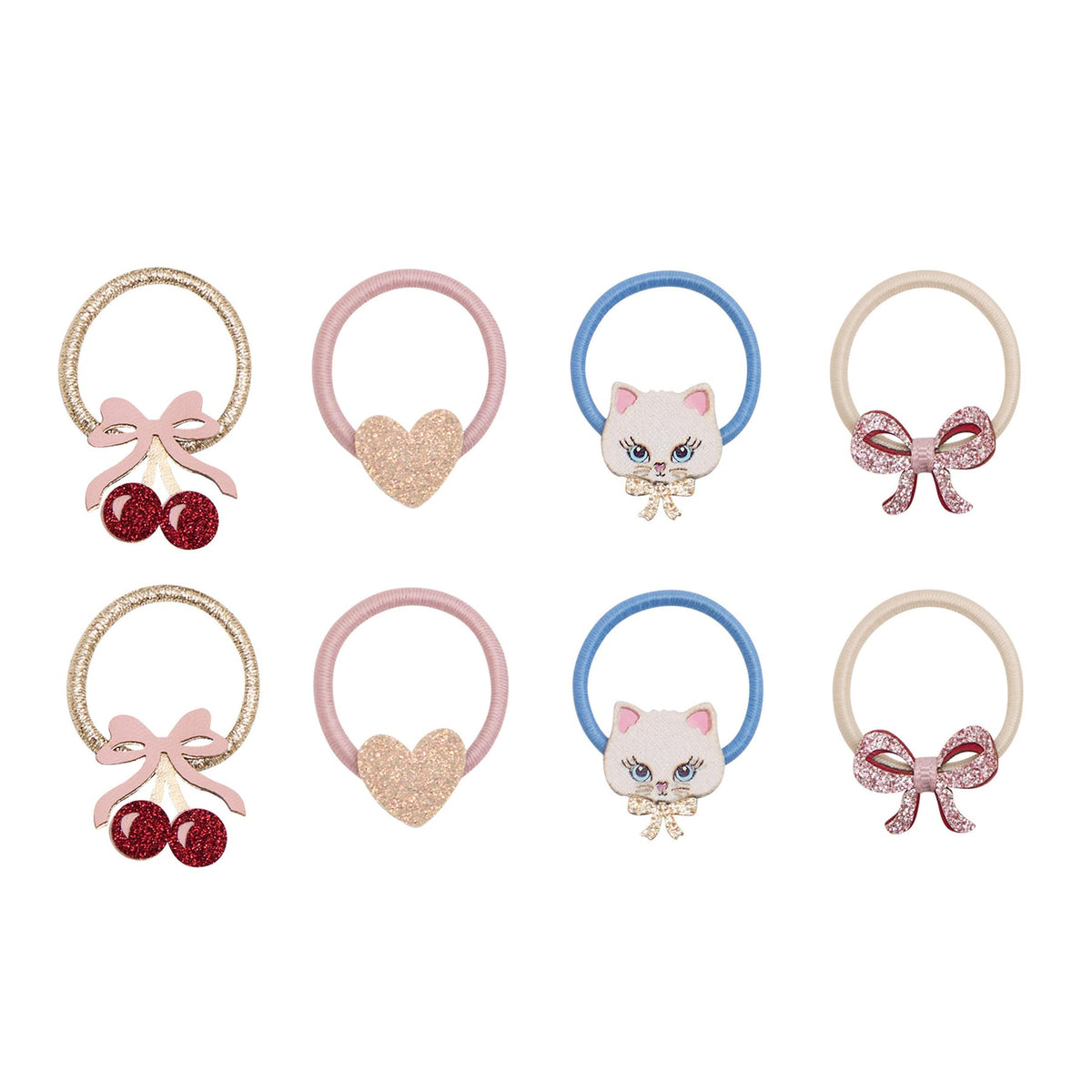 Six hair ties arranged in a 2x3 grid on a white background. The designs include two gold-toned elastic bands with pink bows and red cherries, two pale pink elastic bands with glittery hearts, one blue elastic band with a white cat face, and two beige elastic bands with pink glitter bows.