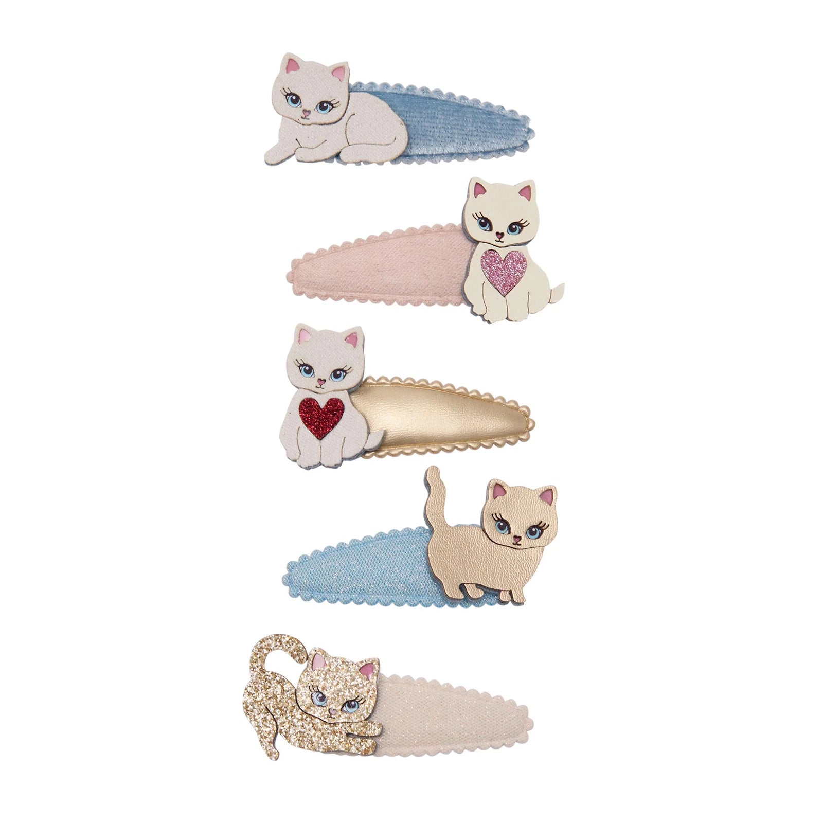 Set of cat-themed hair clips on a white background