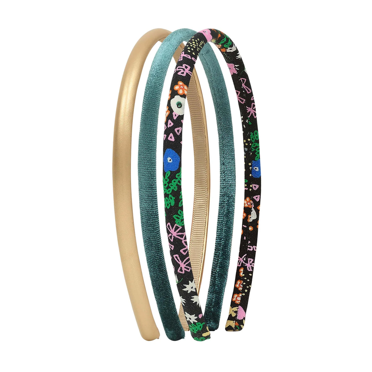 Set of four colorful headbands with floral patterns on a white background