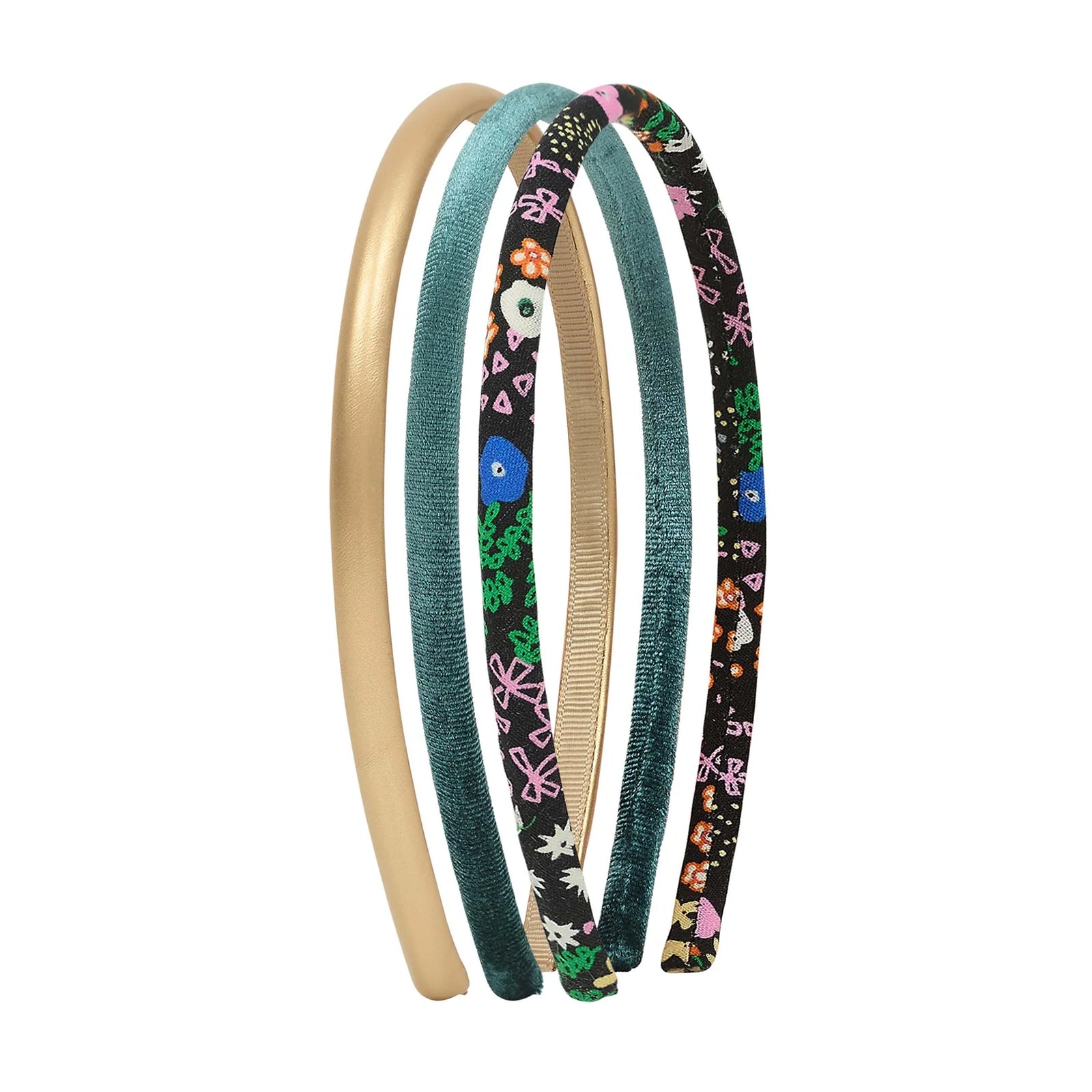 A young girl with dark brown hair wearing a multi-layered headband. The headband features a light blue satin ribbon, a black and white leopard print ribbon, a solid beige ribbon, and a green glitter ribbon.