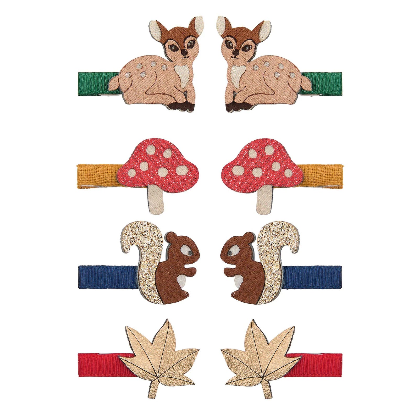 A set of six children's hair clips featuring woodland-themed designs including two deer clips, two red-and-white mushrooms, two squirrels, and two maple leaves, arranged on a plain white background.