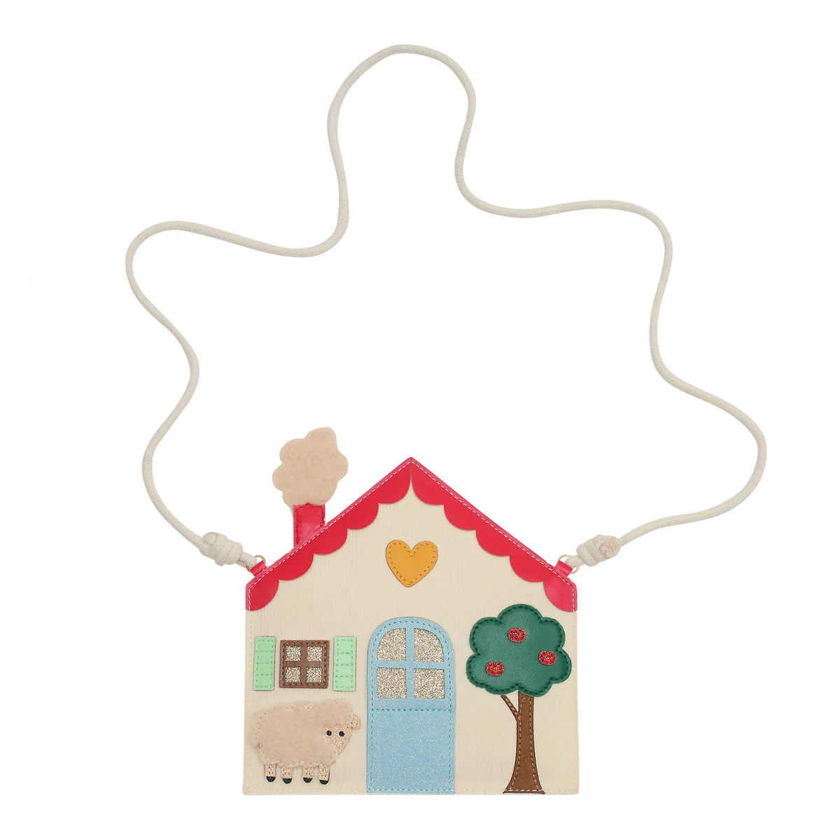House-shaped bag with a string, featuring a sheep, tree, and heart on a white background.