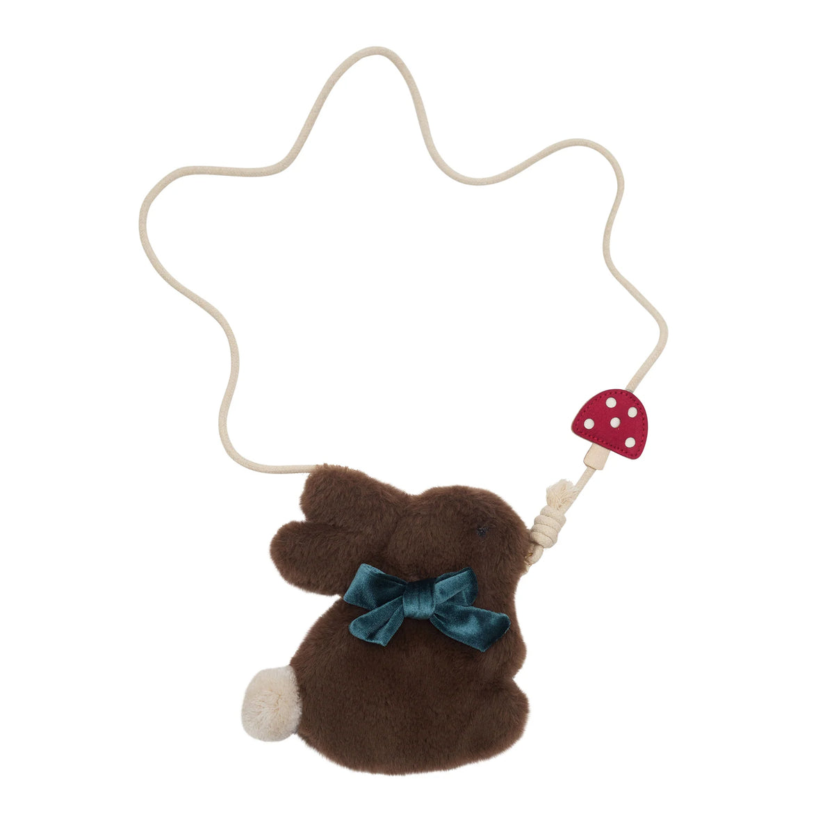 Plush bag shaped like a bunny with a blue bow tie on a white background