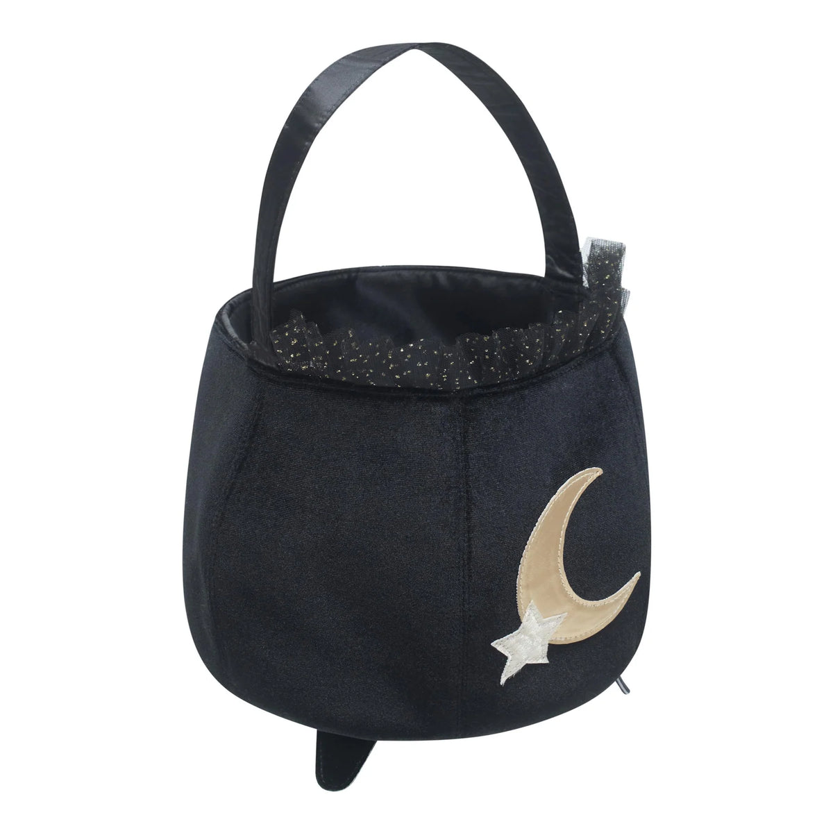 A black fabric bucket bag with a top handle, featuring a gold crescent moon and silver star applique on the front, and a black glittery trim along the top edge.