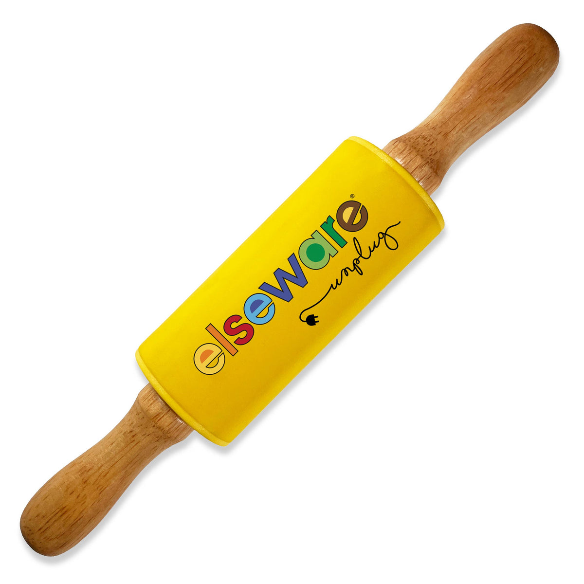 A yellow rolling pin with wooden handles and the 'elseware' brand name printed on the center, shown on a plain white background.