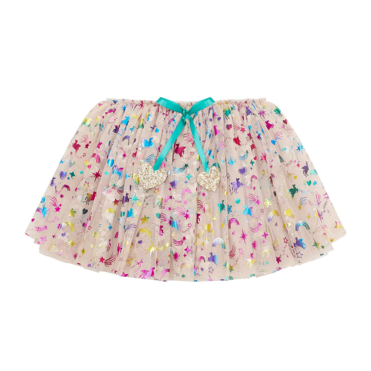 Children's tutu with colorful pattern and turquoise ribbon on a white background