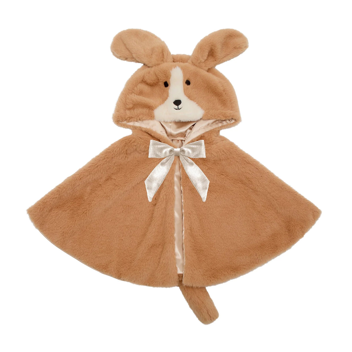 A plush children's hooded cape in warm tan brown faux fur, featuring floppy animal ears on the hood, a white muzzle with embroidered black nose and eyes, and a satin bow at the neckline.