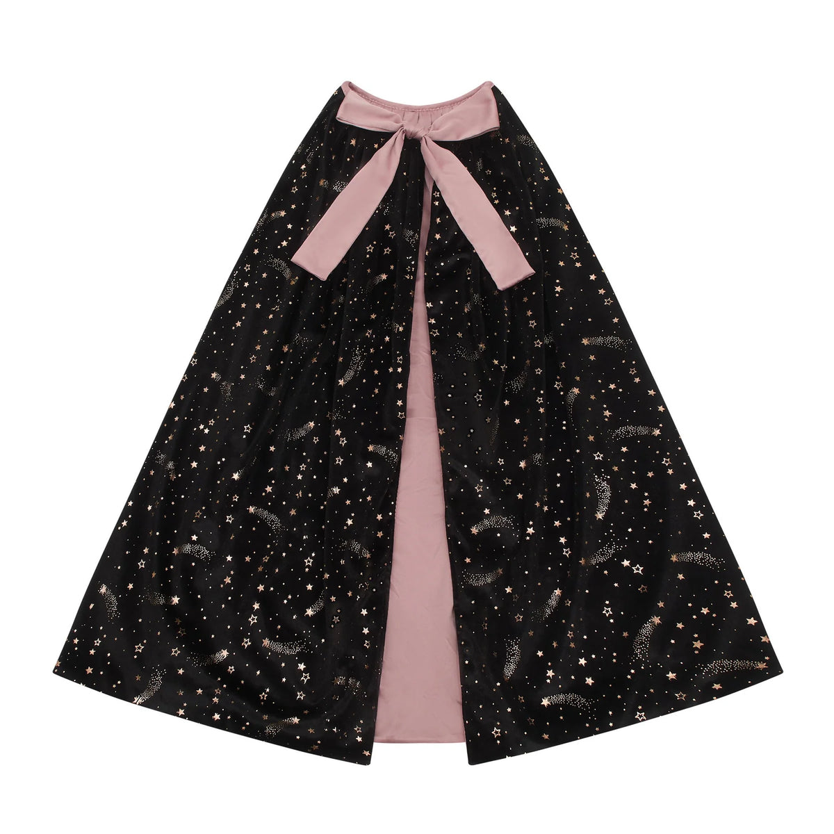 A black cape with an all-over celestial print of stars and crescent moons in metallic gold and rose gold, featuring a wide pink waistband and matching bow.