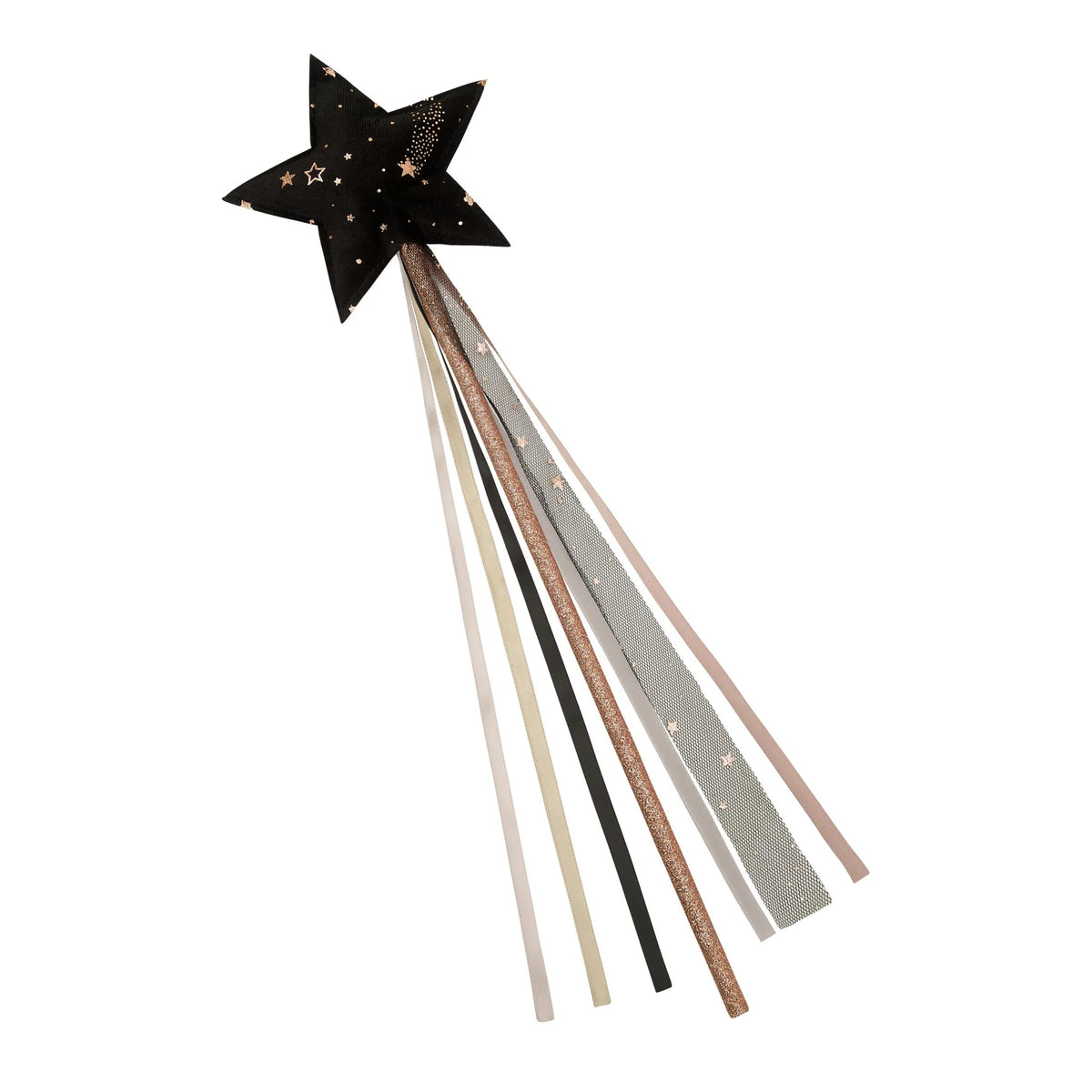 Decorative wand with star top and multicolored tinsel on a white background