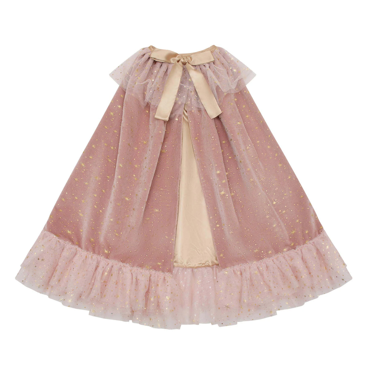A pink tulle cape with gold glitter speckles, featuring a wide ruffled hem, a sheer overlay, and a beige satin bow.