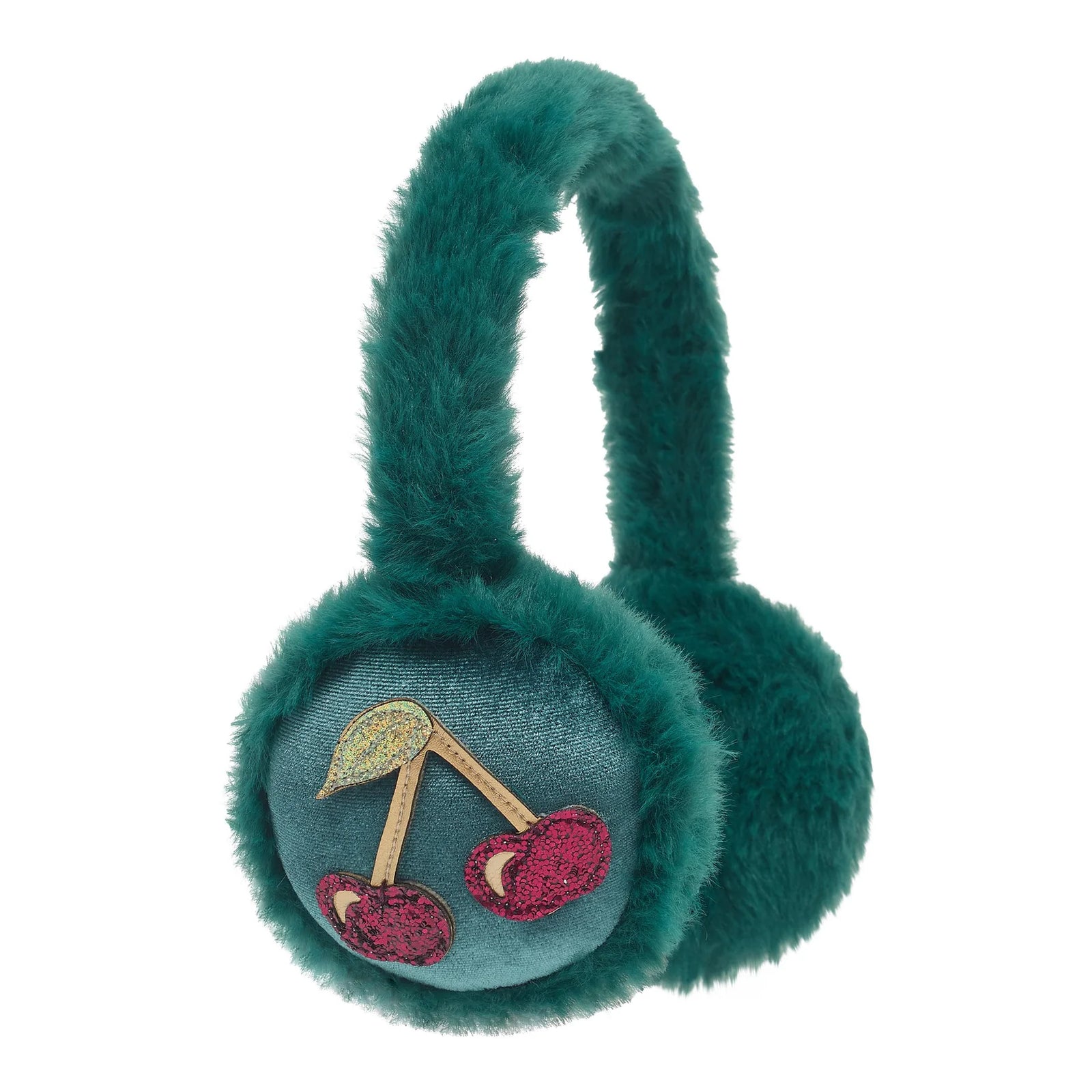 A young girl with a brown ponytail is shown in profile wearing teal fuzzy earmuffs decorated with embroidered cherries, set against a solid teal background.