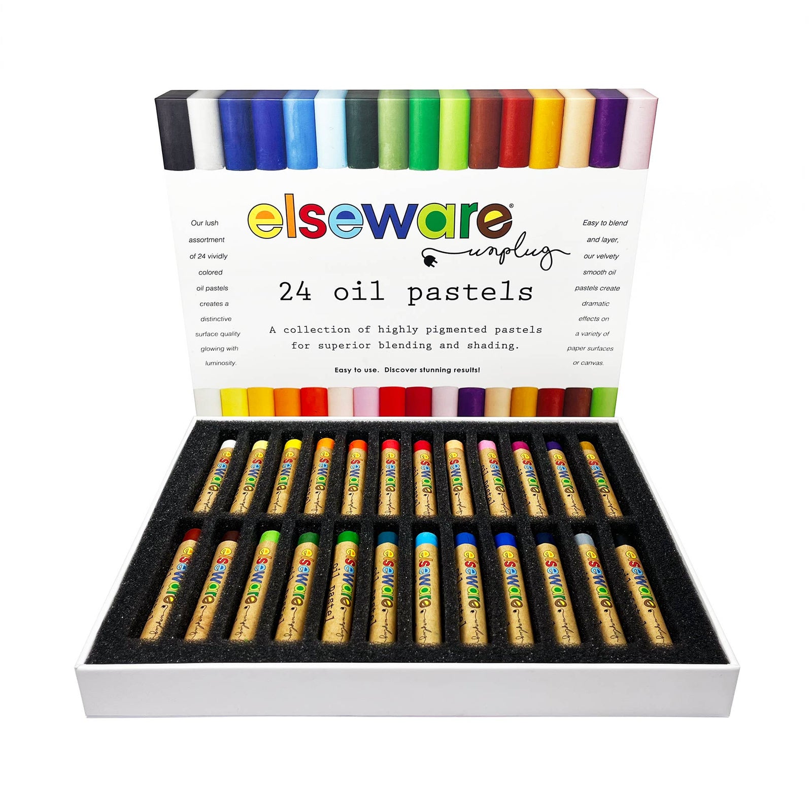 Packaging of elseware oil pastels with colorful pastel bars on a white background